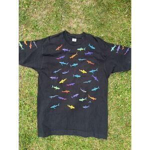 Vintage 90s Hawaiian Shark Single Stitch XL USA Made All Over Shark Dan Gilbert